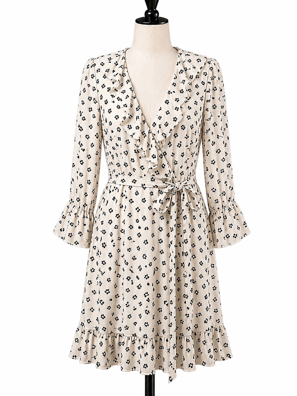 & Other Stories Cream /Black Floral V-Neck Long Sleeve Ruffle Cuff Dress Size 12